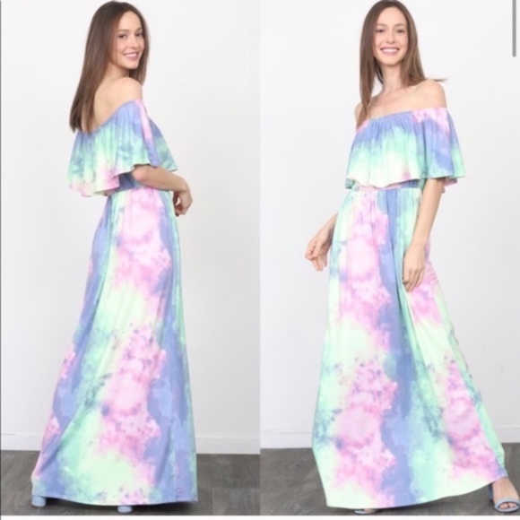 04 Bohemian Multicolor Tie Dye Off Shoulder Ruffle Maxi Dress - Picture 3 of 3
